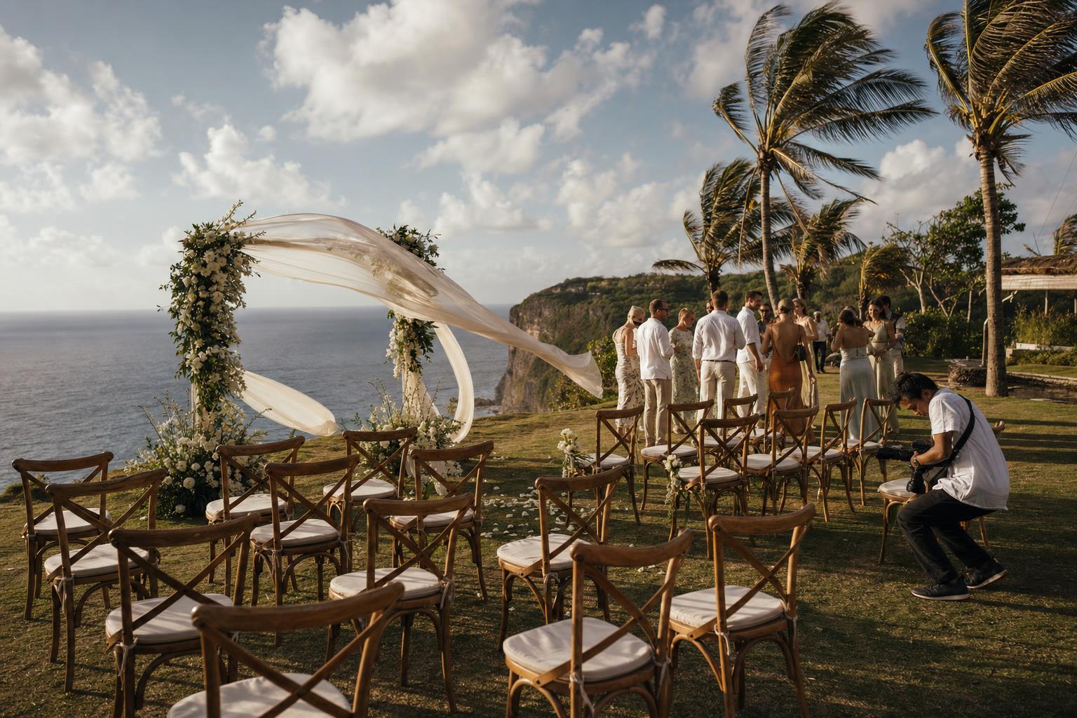 A clifftop wedding ceremony in Bali in late afternoon dry-season light, palms moving in the wind above the ocean