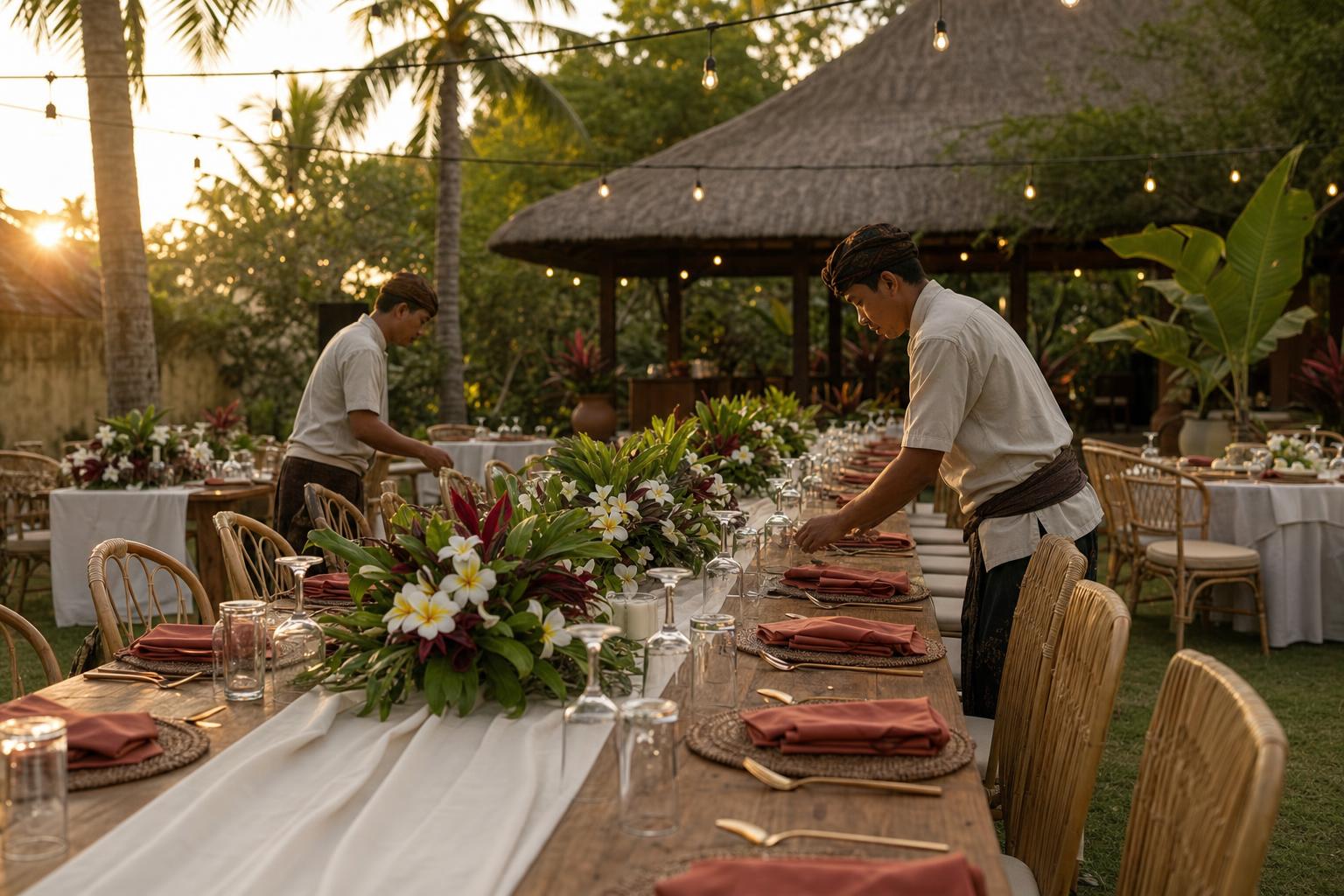 A local Balinese team setting a long banquet table for a villa wedding reception in warm late afternoon light