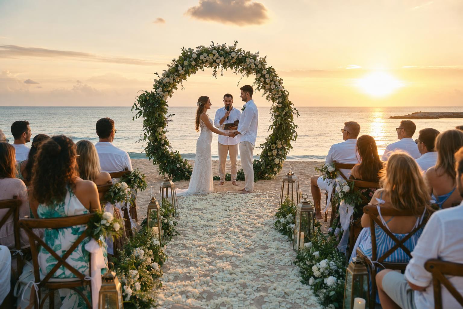 Beach wedding ceremony at sunset in Bali