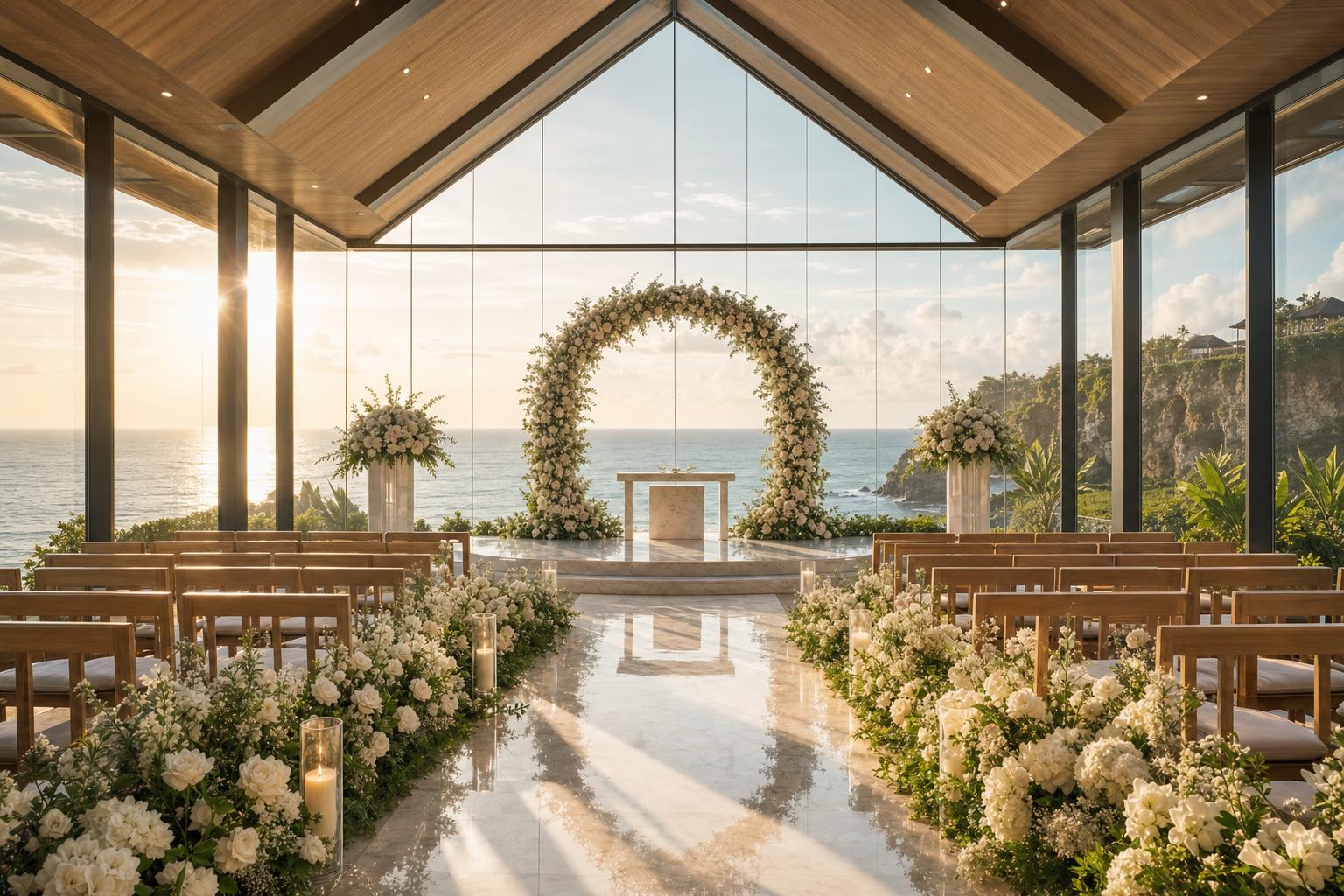 Wedding chapel aisle with a view in Bali