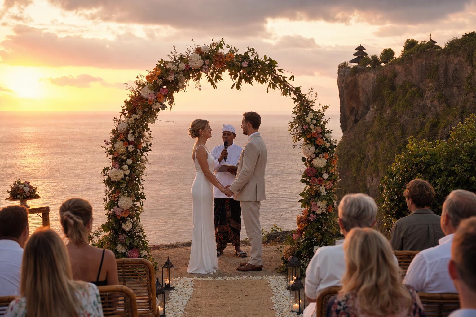 Clifftop symbolic wedding ceremony at sunset in Bali