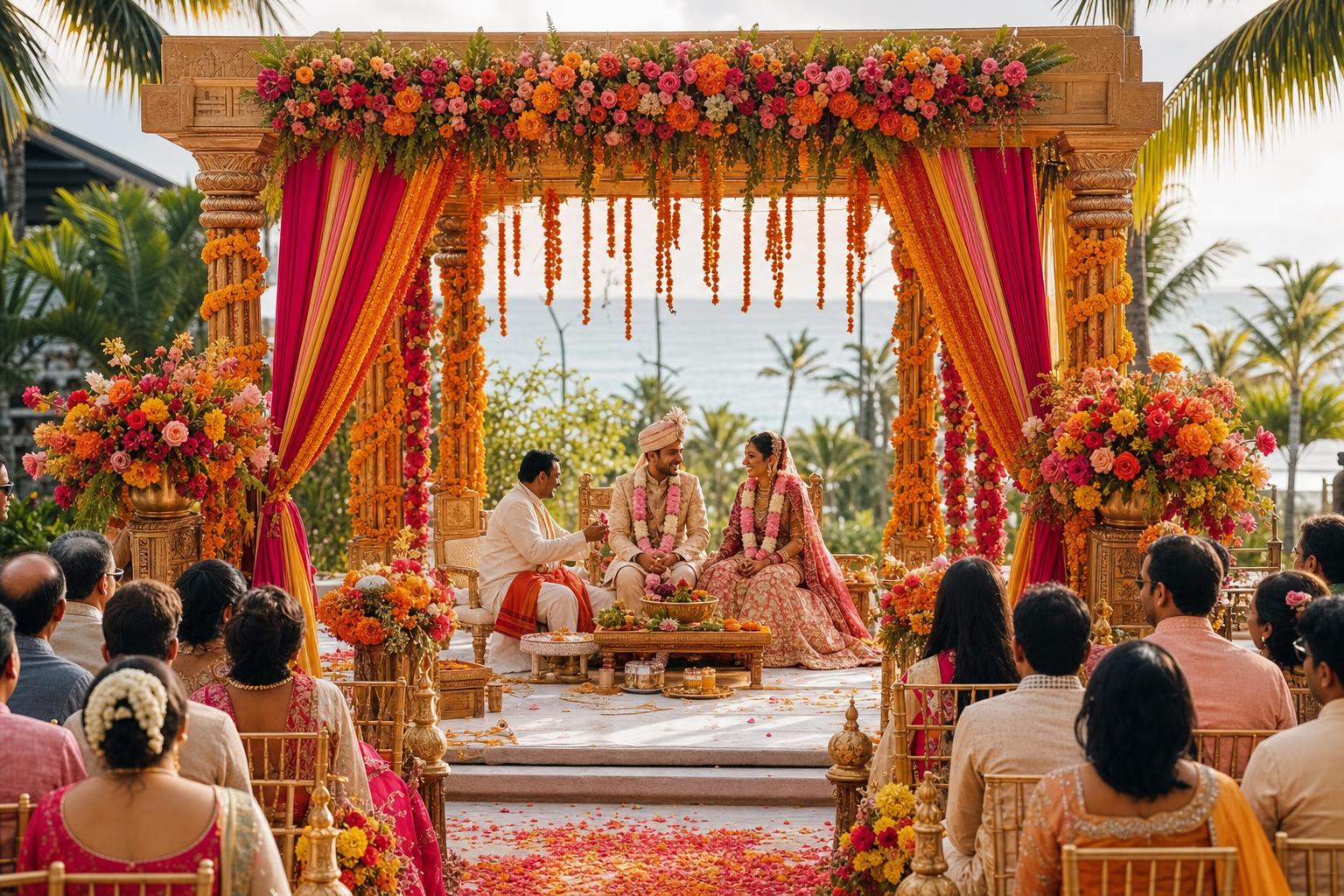 Colourful wedding decor set up for a celebration in Bali