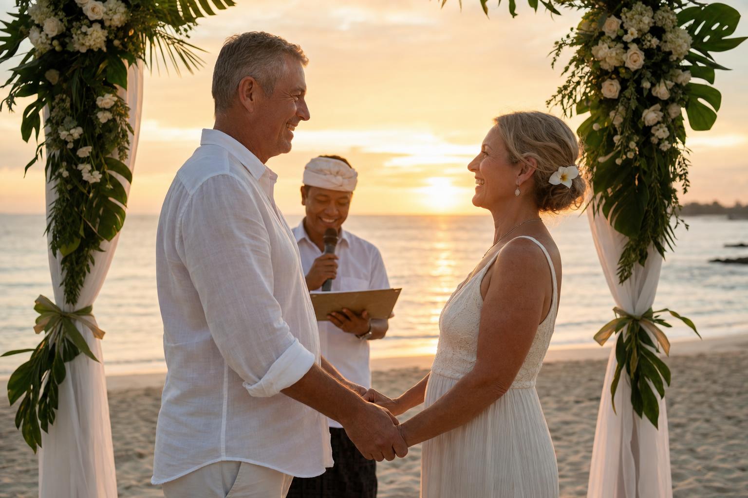 Couple celebrating a vow renewal on a Bali beach