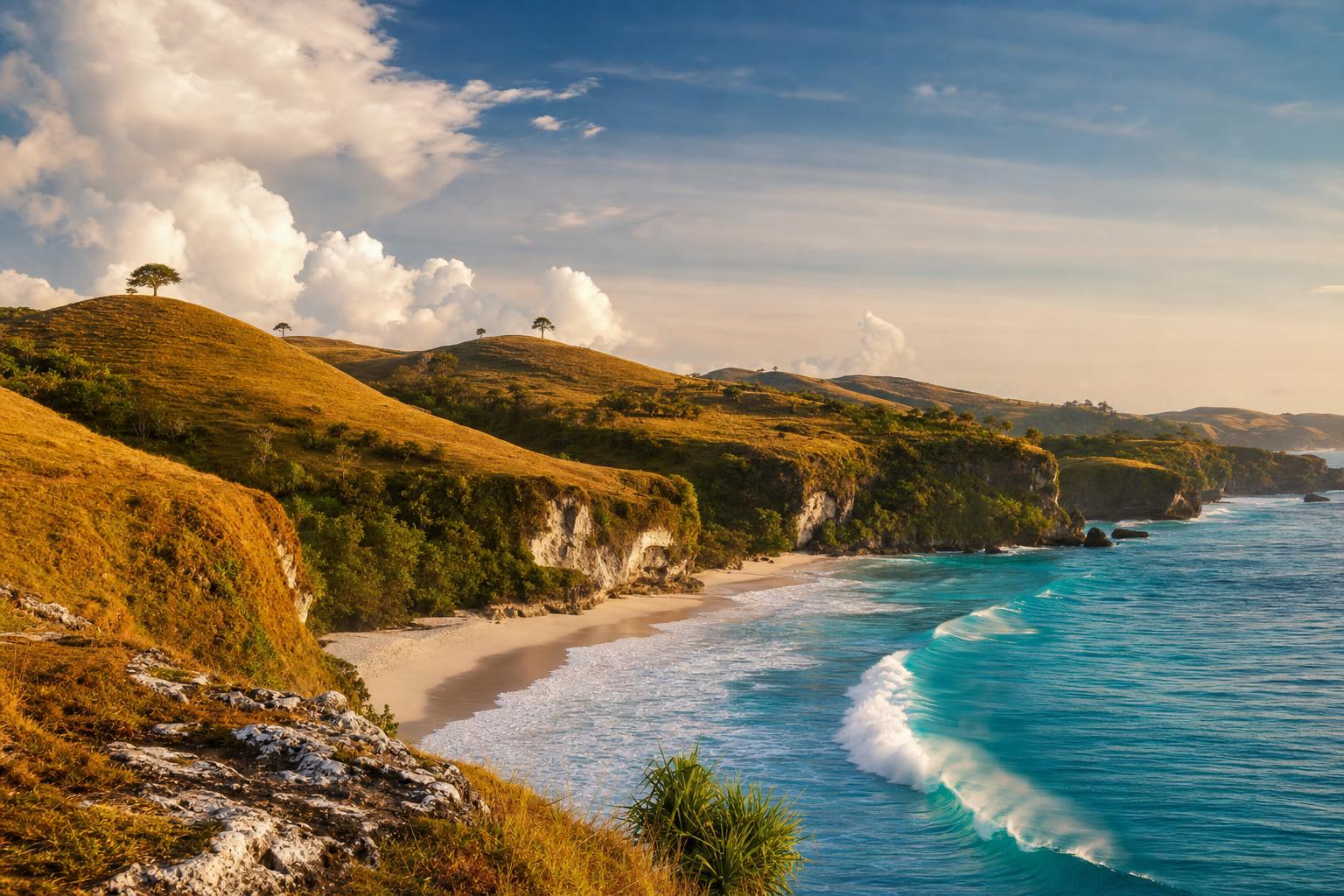 Golden savannah hills meeting an empty surf beach on Sumba's west coast