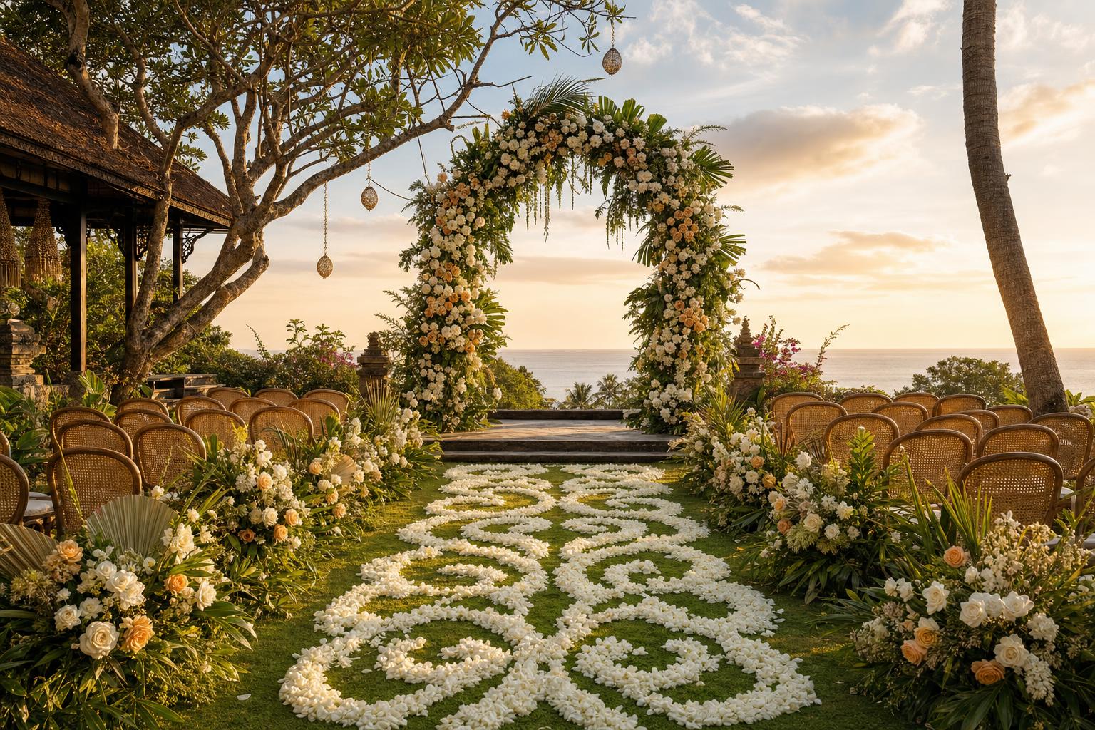 Decorated wedding ceremony structure surrounded by greenery in Bali