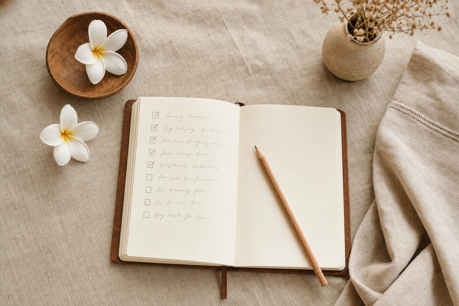 An open notebook showing a handwritten wedding checklist with ticked boxes, beside frangipani