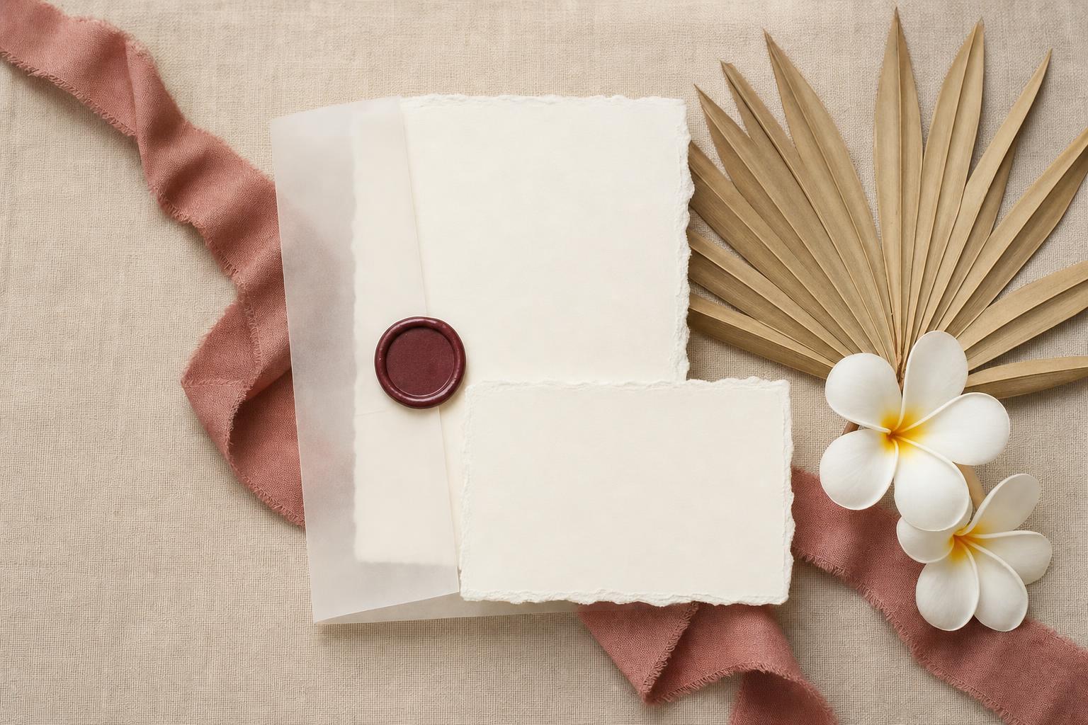 A tropical wedding invitation suite with a burgundy wax seal, silk ribbon and frangipani