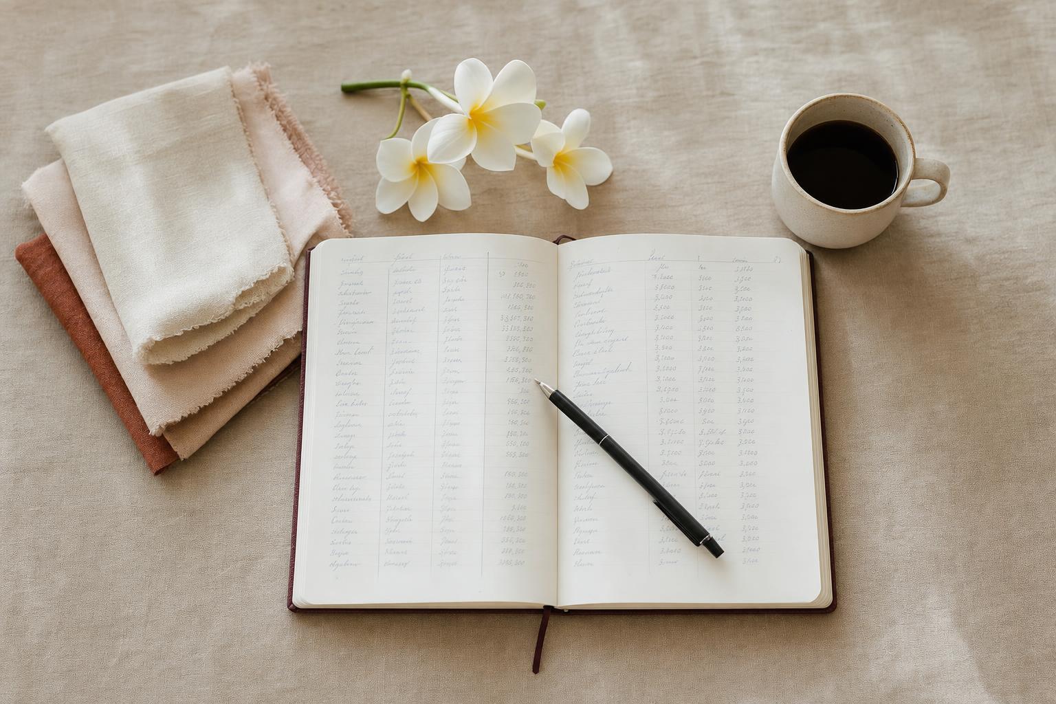 A planner’s notebook of wedding figures, fabric swatches and frangipani on warm linen