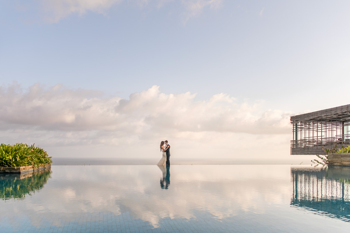 A wedding ceremony set up at the cliff edge of Alila Villas Uluwatu above the Indian Ocean in Pecatu, Bali