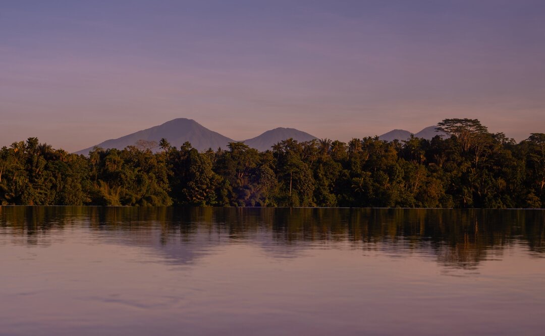 Ayung River valley and forest at dawn with Agung volcano in distance, Amandari, Ubud