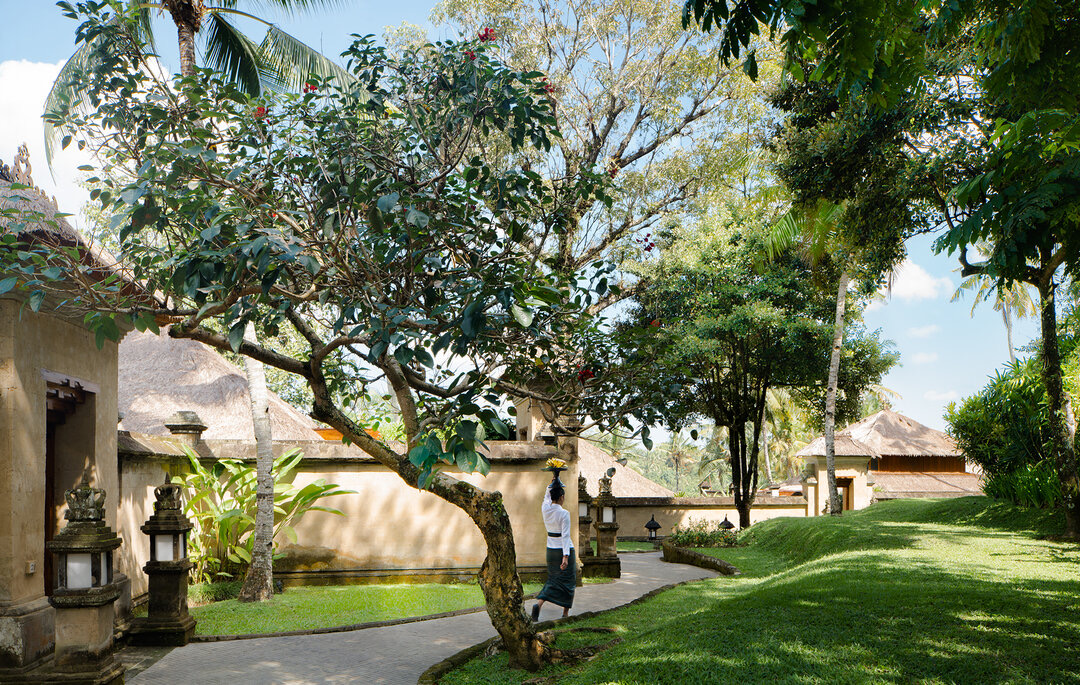 Resort grounds with multiple villas, manicured lawns and mature trees, Amandari, Ubud