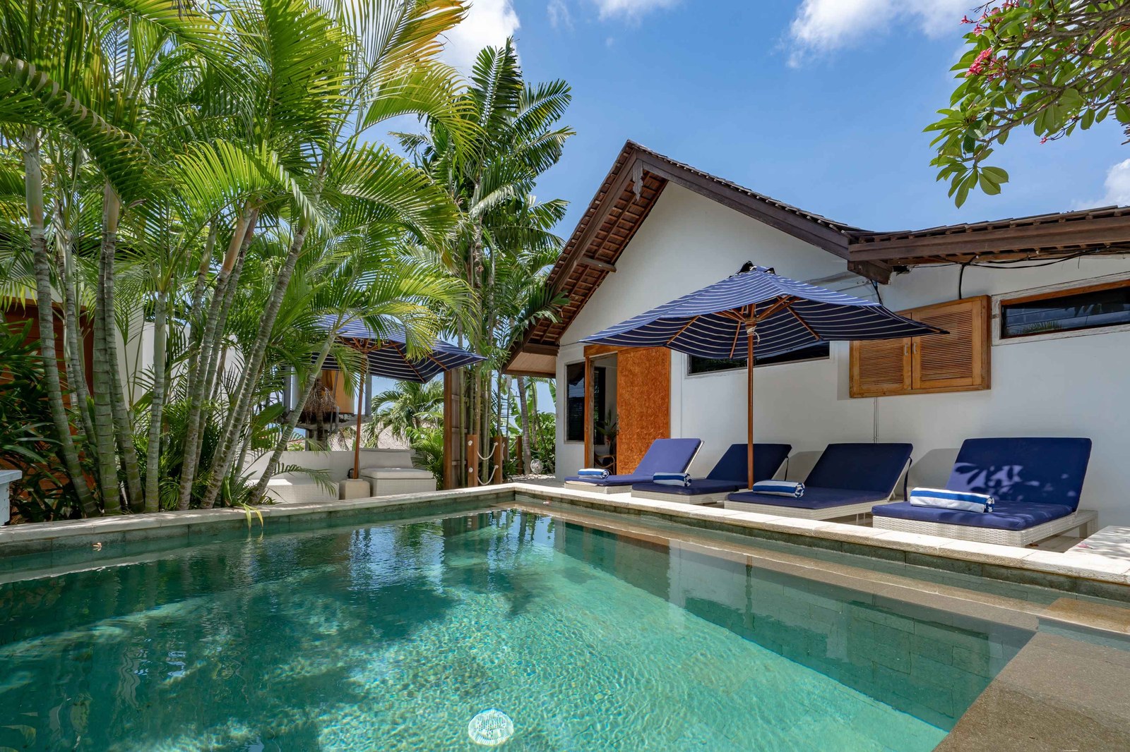 Private pool with loungers and palms at Aqua Nusa Villas in Jungut Batu, Nusa Lembongan, Bali