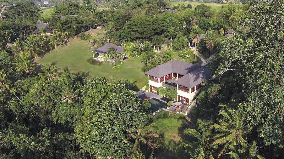 Arsana Estate terraced gardens and pool above a river valley in Nyambu village, Tabanan