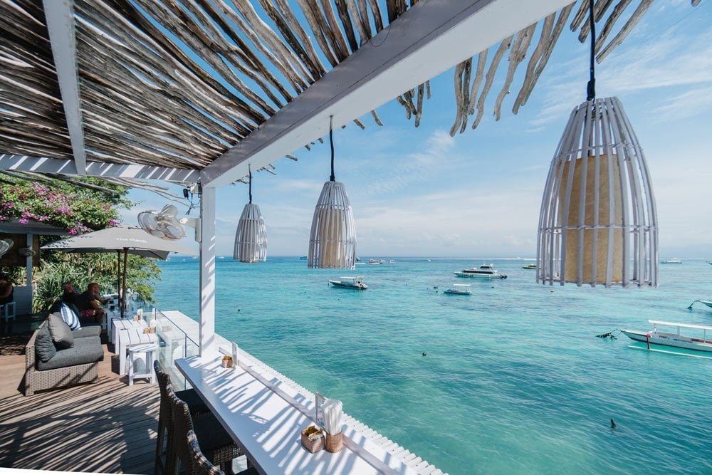 The Deck cafe and bar on the waterfront boardwalk at Batu Karang, Jungut Batu, Nusa Lembongan, Bali