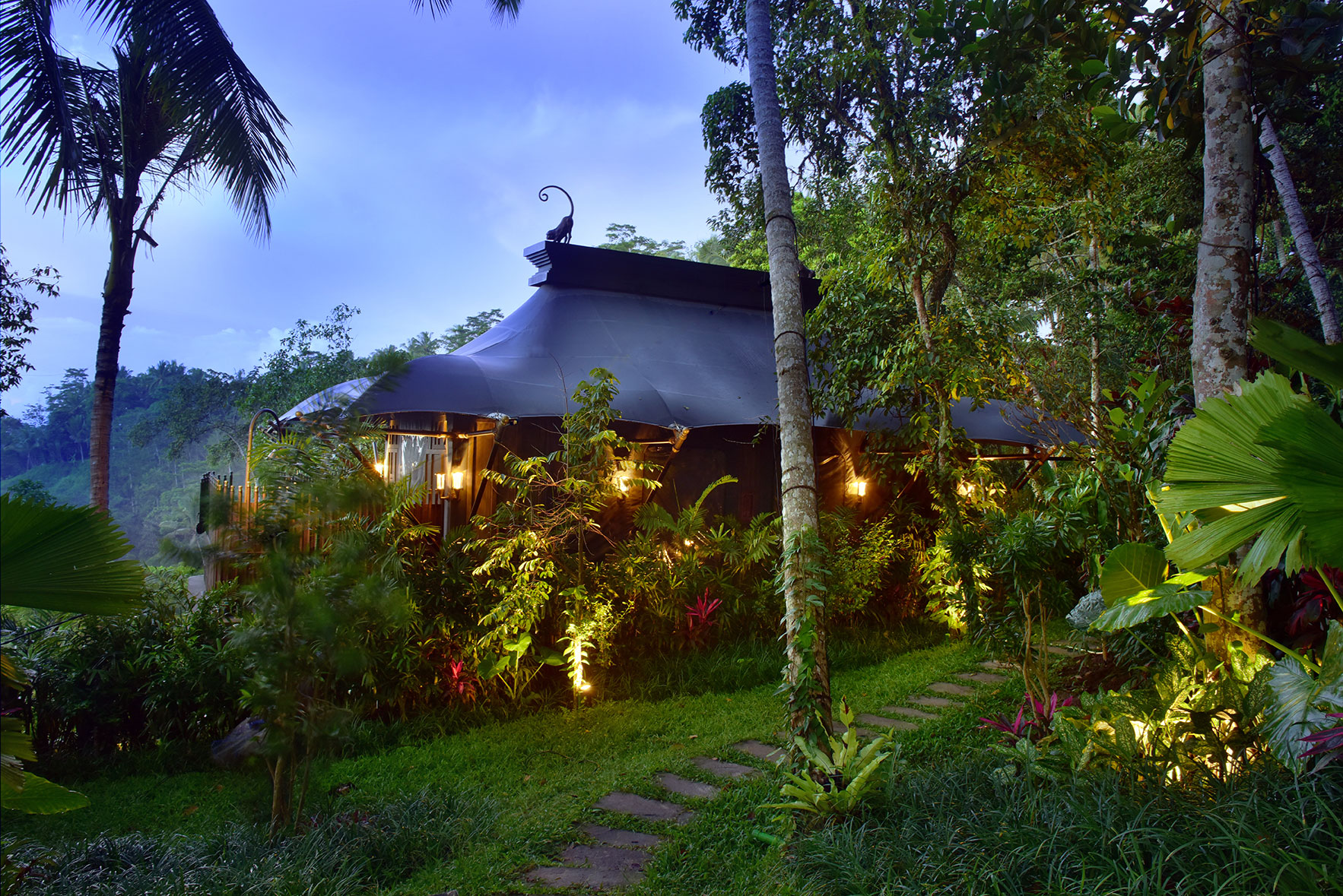 Capella Ubud tented camp designed by Bill Bensley on a ridge above the Wos River valley in Keliki village near Ubud