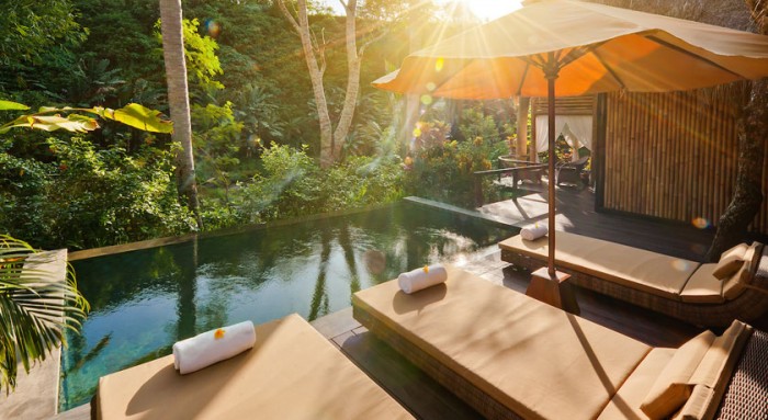 Pre-wedding couple at Fivelements Retreat Bali on the Ayung River