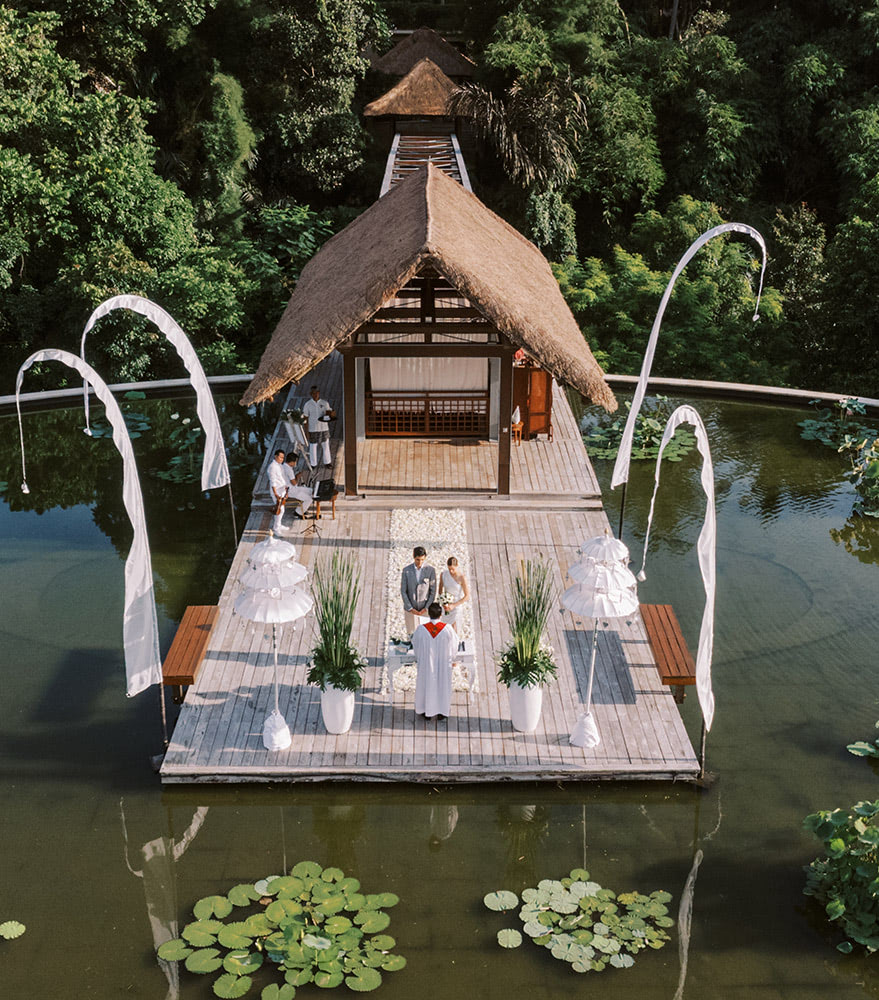 The rooftop lotus pond at Four Seasons Sayan appearing to float above the valley treetops
