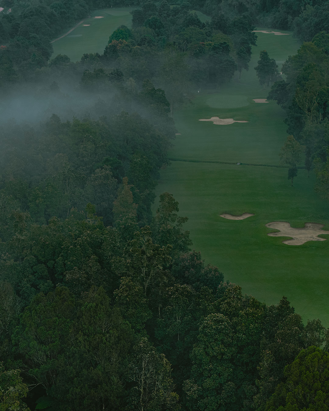 Mist drifting across the fairways and forest of the crater course at Handara Golf & Resort Bali, Bedugul, Bali