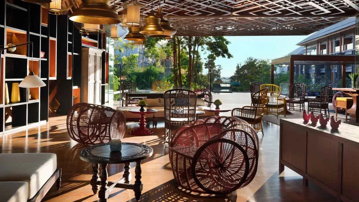 Modern lounge area with pool view at Hotel Indigo Bali Seminyak Beach