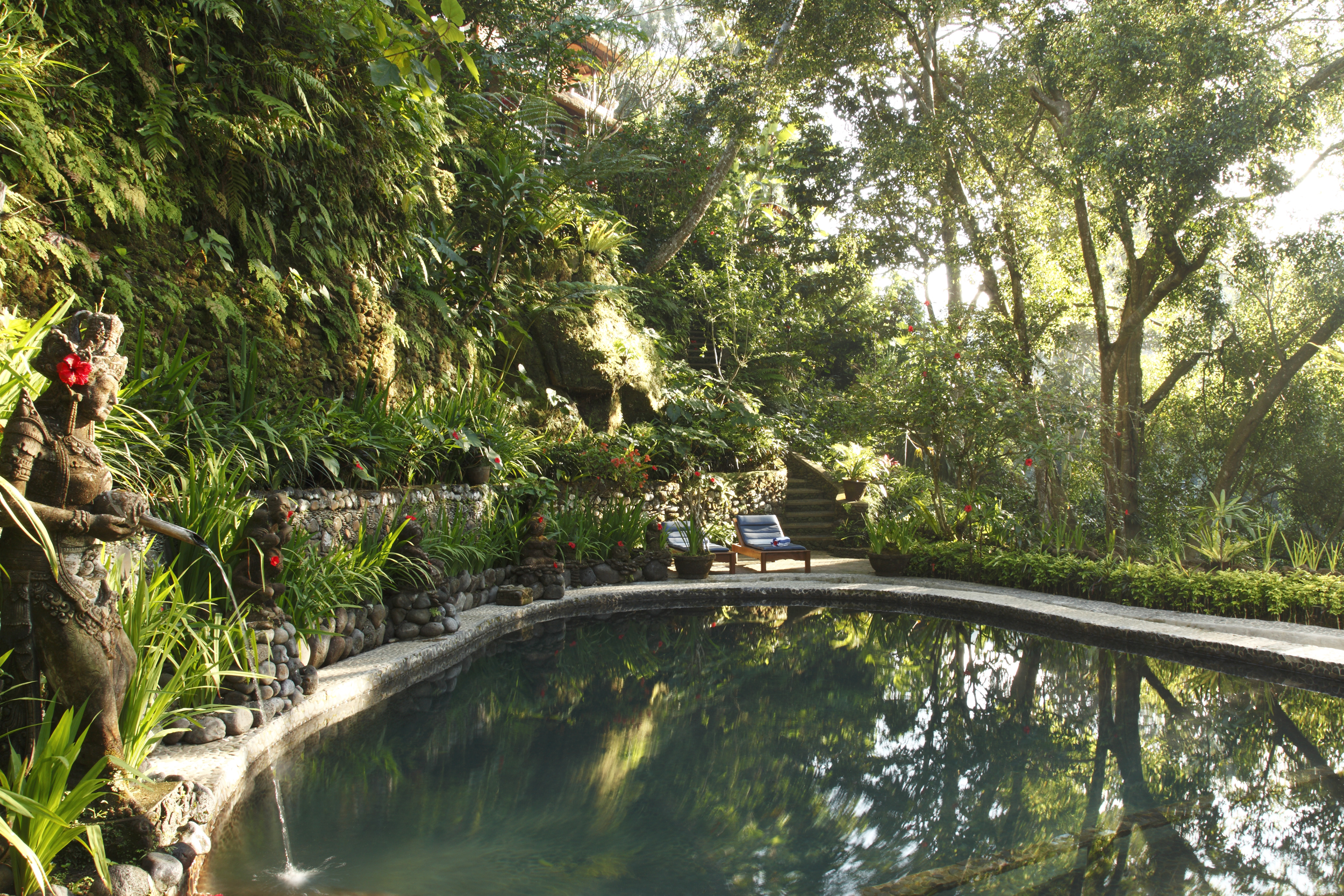 A spring-fed natural pool guarded by a carved Balinese statue amid ferns and hibiscus in the hillside gardens at Hotel Tjampuhan & Spa, Ubud