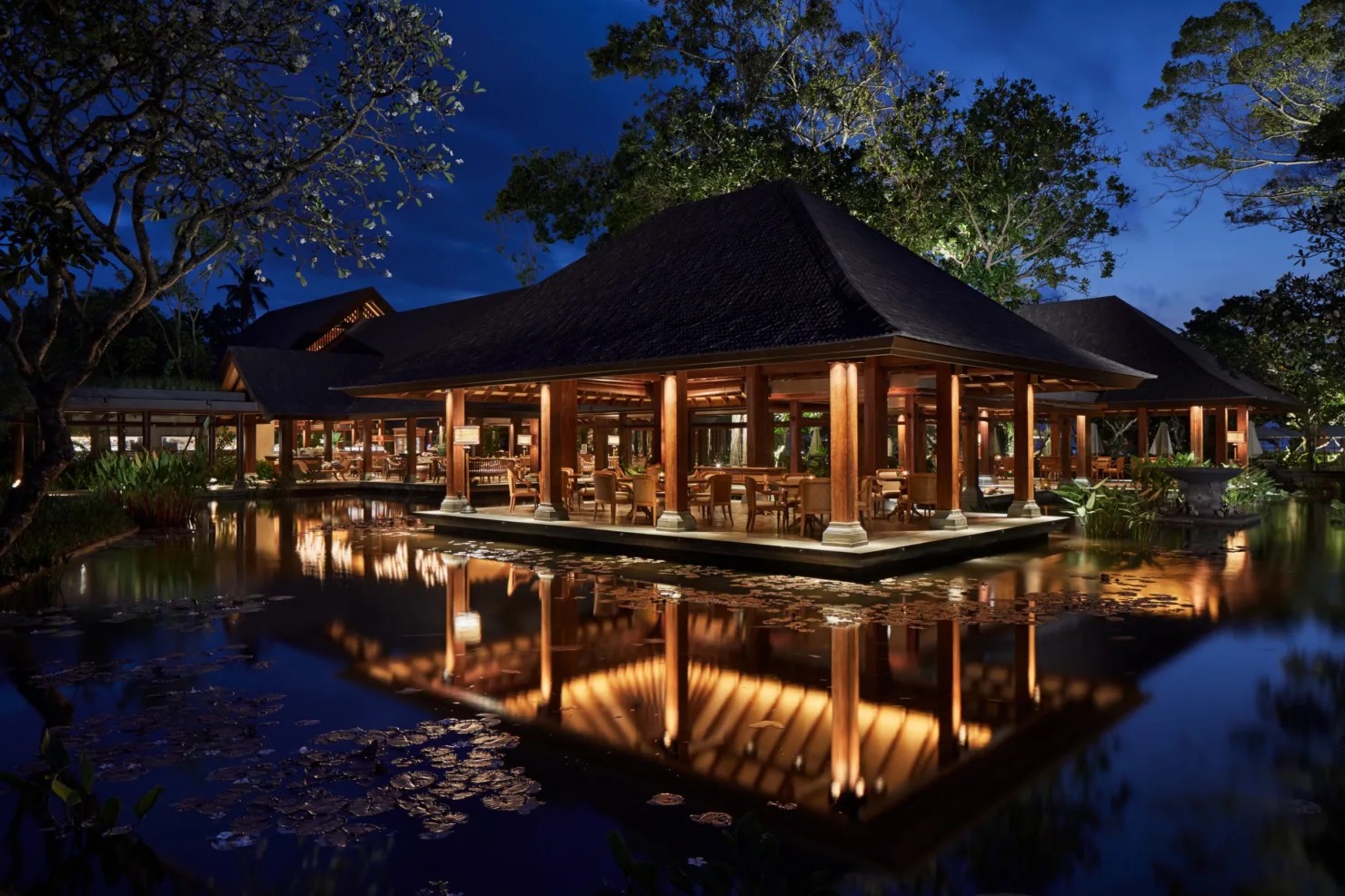 Restaurant pavilion beside a lily pond in the gardens of Hyatt Regency Bali, Sanur