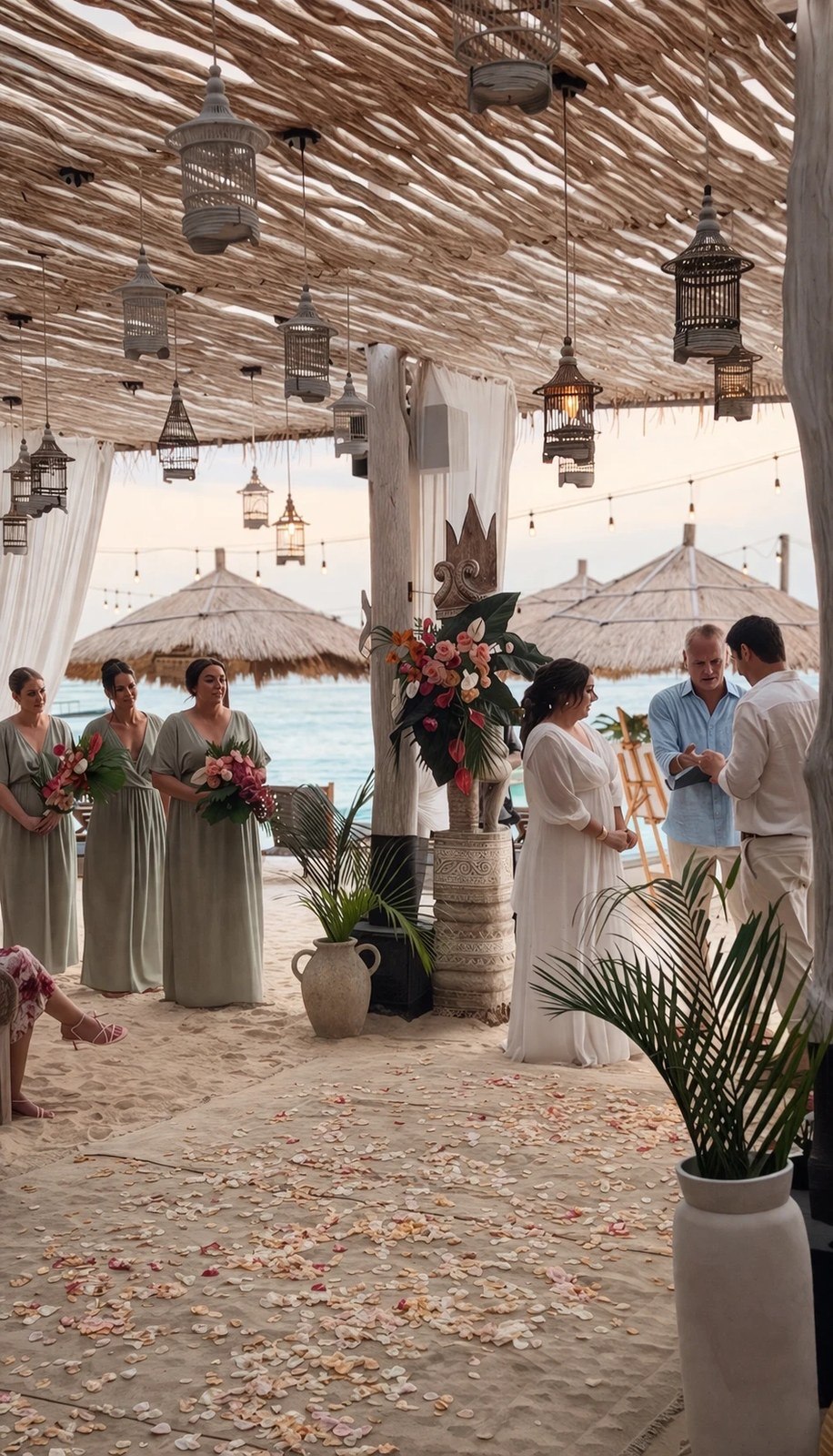 Beach ceremony with guests and tropical florals on the sand at Indiana Kenanga, Nusa Lembongan, Bali