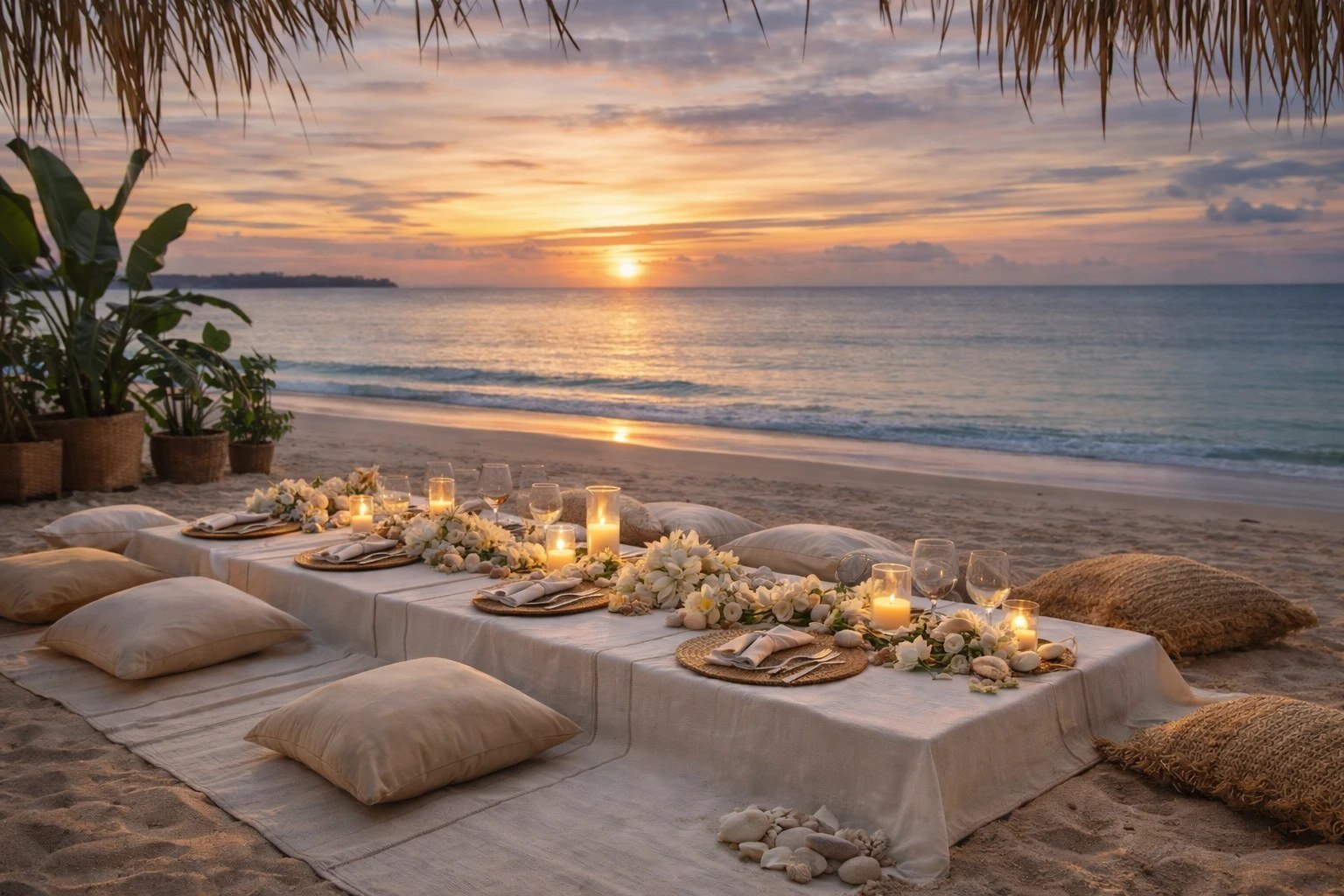Low table set with candles and cushions on the sand at sunset at Indiana Kenanga, Nusa Lembongan, Bali