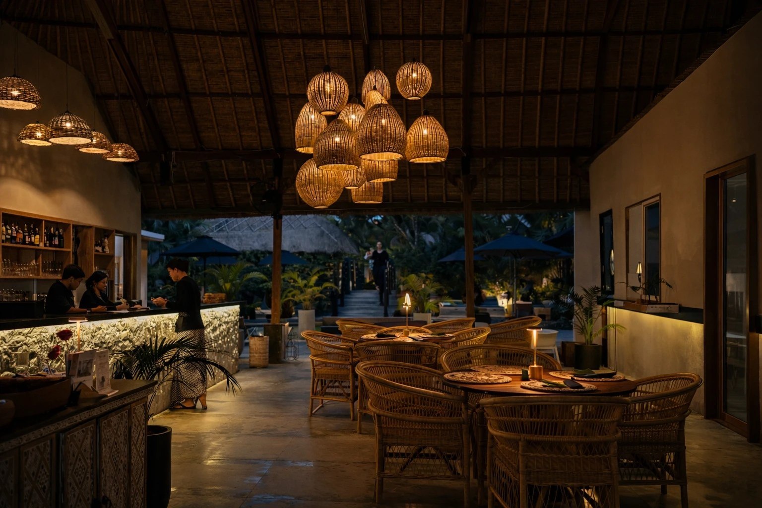Bar and dining room lit at night under woven pendant lights at Indiana Kenanga, Nusa Lembongan, Bali