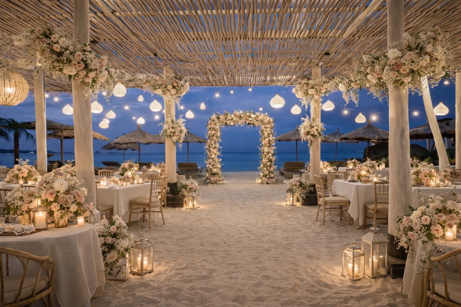 Ceremony arch and hanging lights on the sand at dusk at Indiana Kenanga on Jungut Batu beach, Nusa Lembongan, Bali