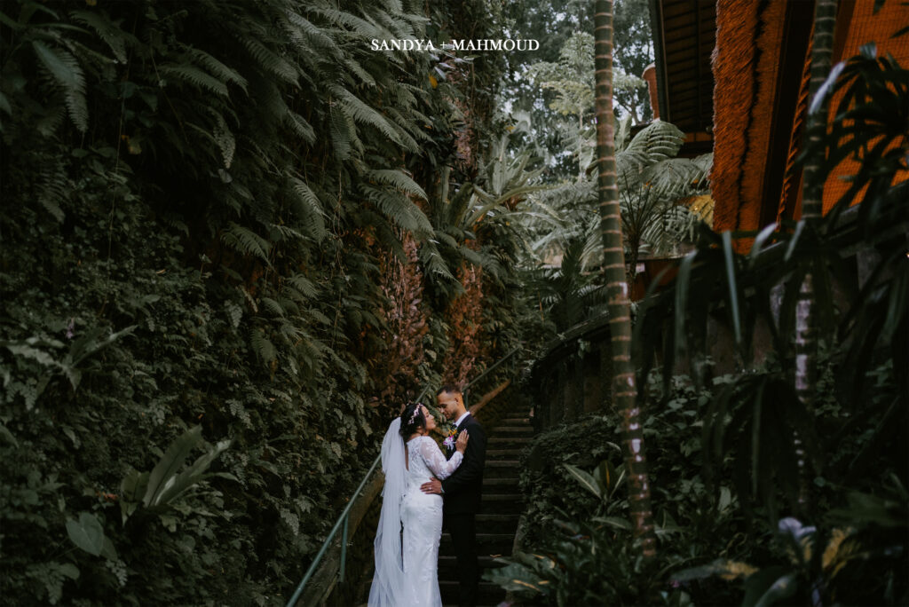 Ceremony setting at Jineng Chapel with tropical garden backdrop, Ubud