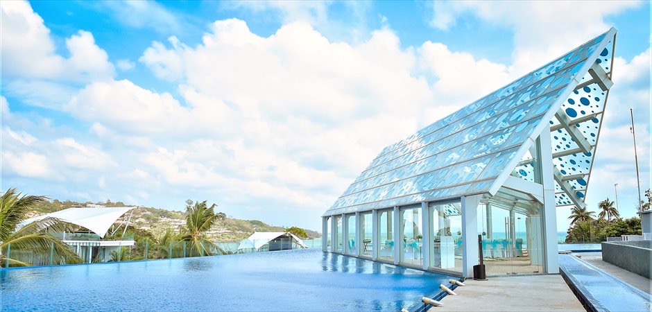 Wedding ceremony set inside the rooftop Celebration Pavilion at Le Meridien Bali Jimbaran
