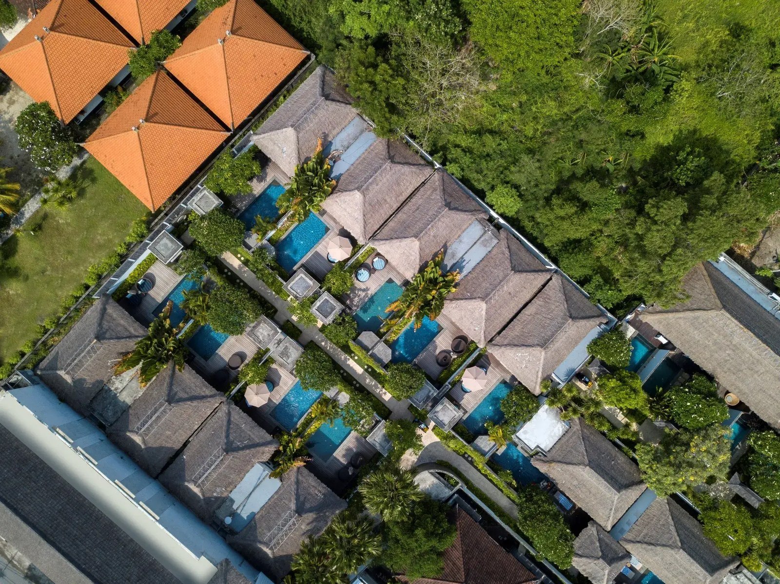 Aerial view of the villa roofs, pool and beach at Lembongan Beach Club & Resort, Nusa Lembongan, Bali