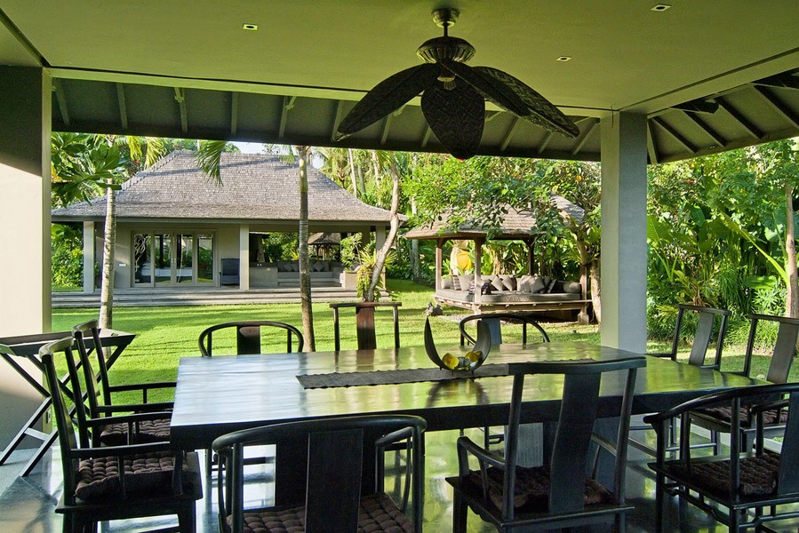Covered dining pavilion at Mahatma House looking out over the garden