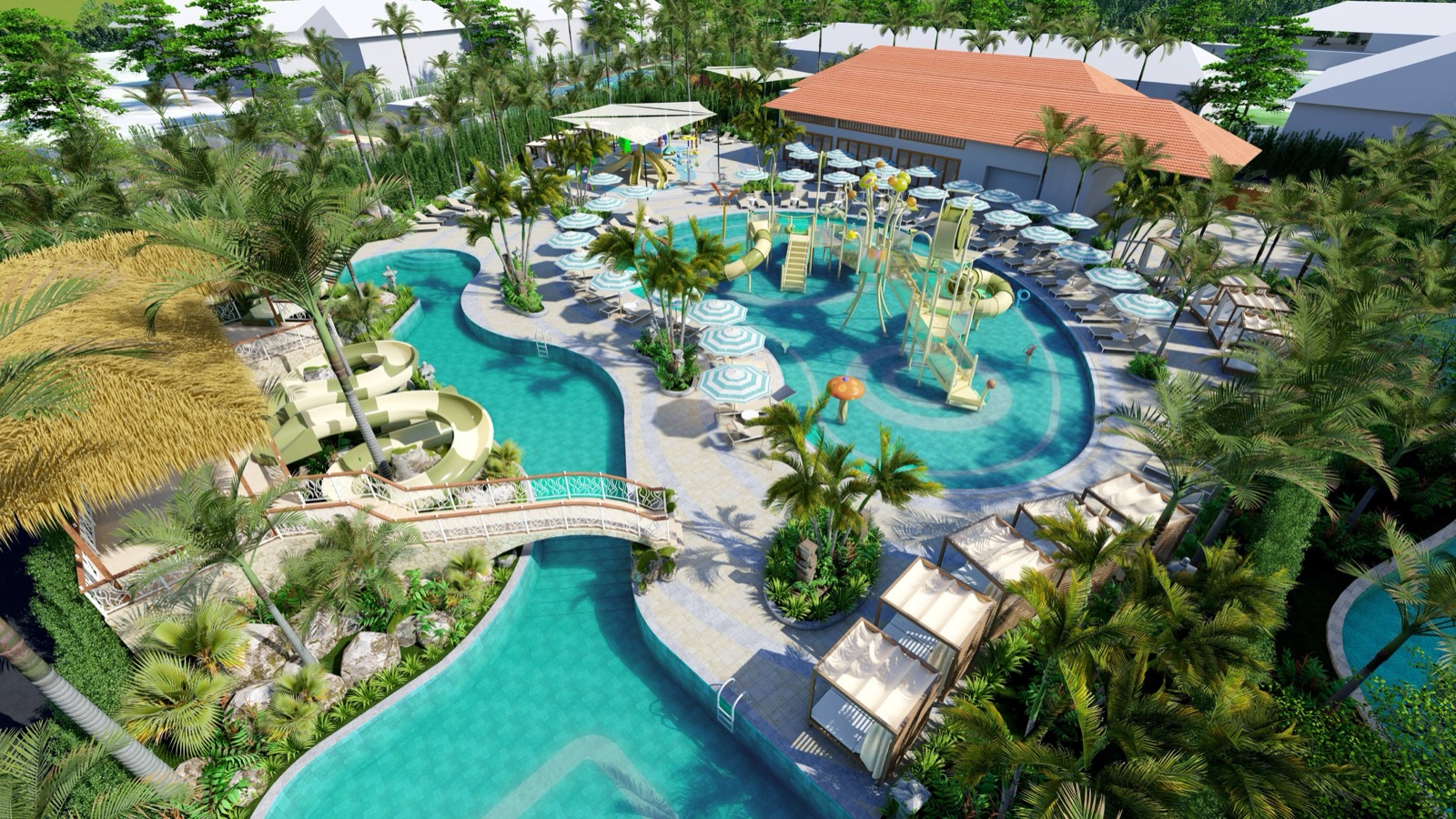The gardens, lagoon pool, and beachfront of Meliá Bali resort in Nusa Dua