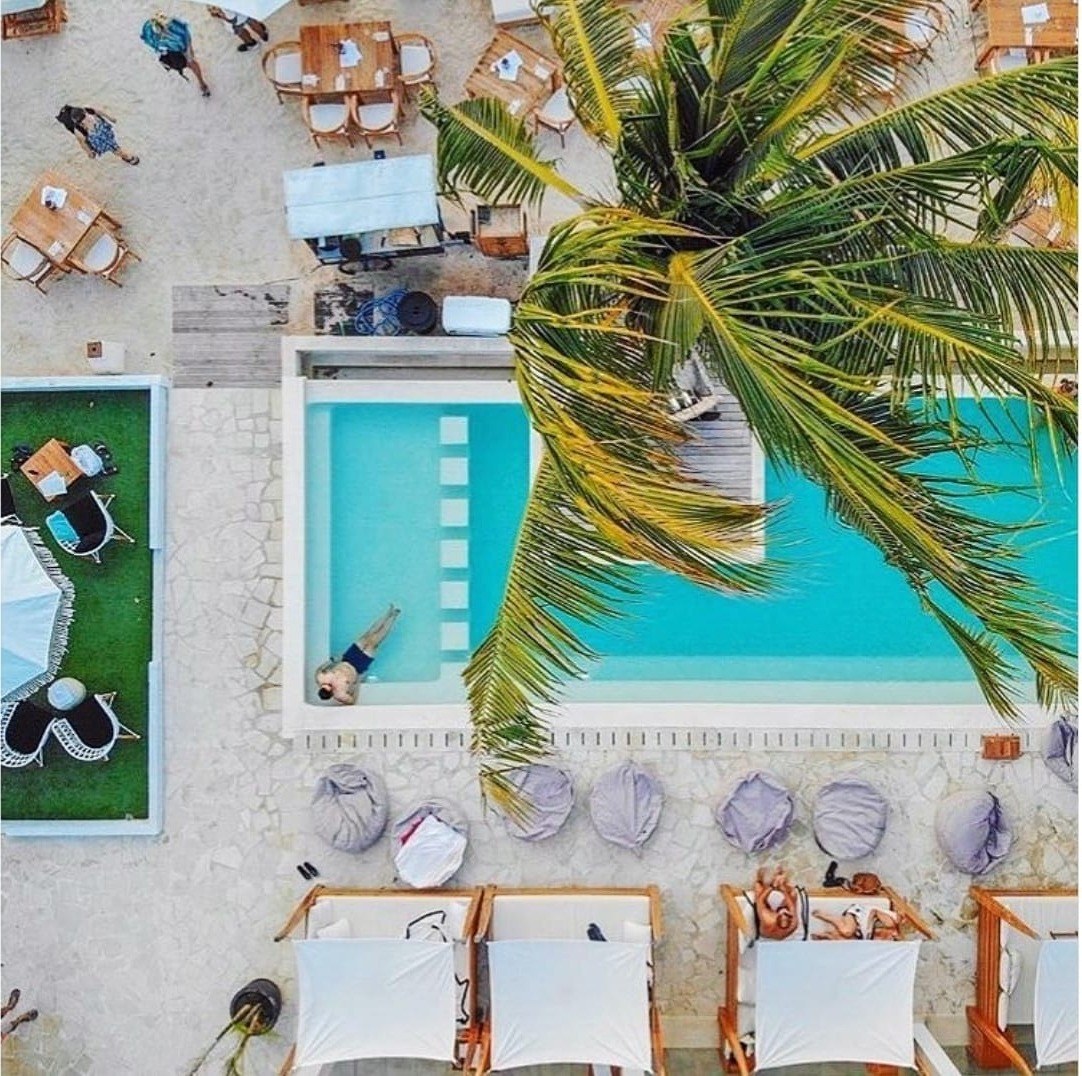 Aerial view of the beach club pool and the sand at Ohana's, Jungut Batu, Nusa Lembongan, Bali