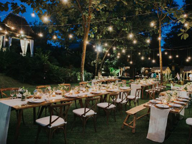 Reception setup in the tropical gardens at Plataran Canggu