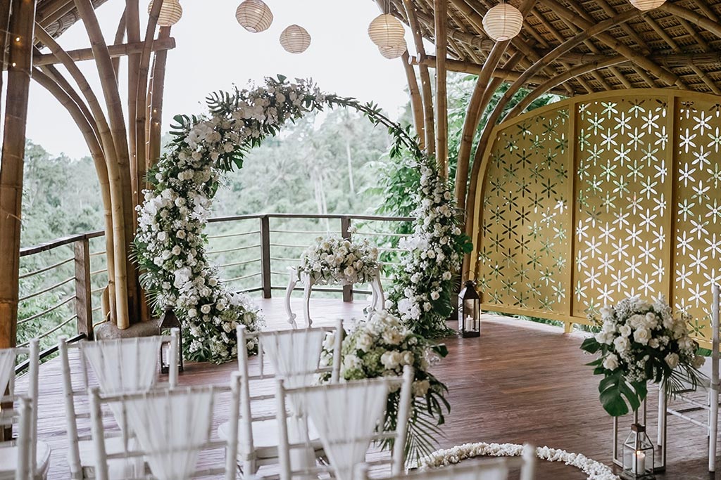 The bamboo arches and deck of the Puspaka Sky Wedding Chapel above the Ubud valley
