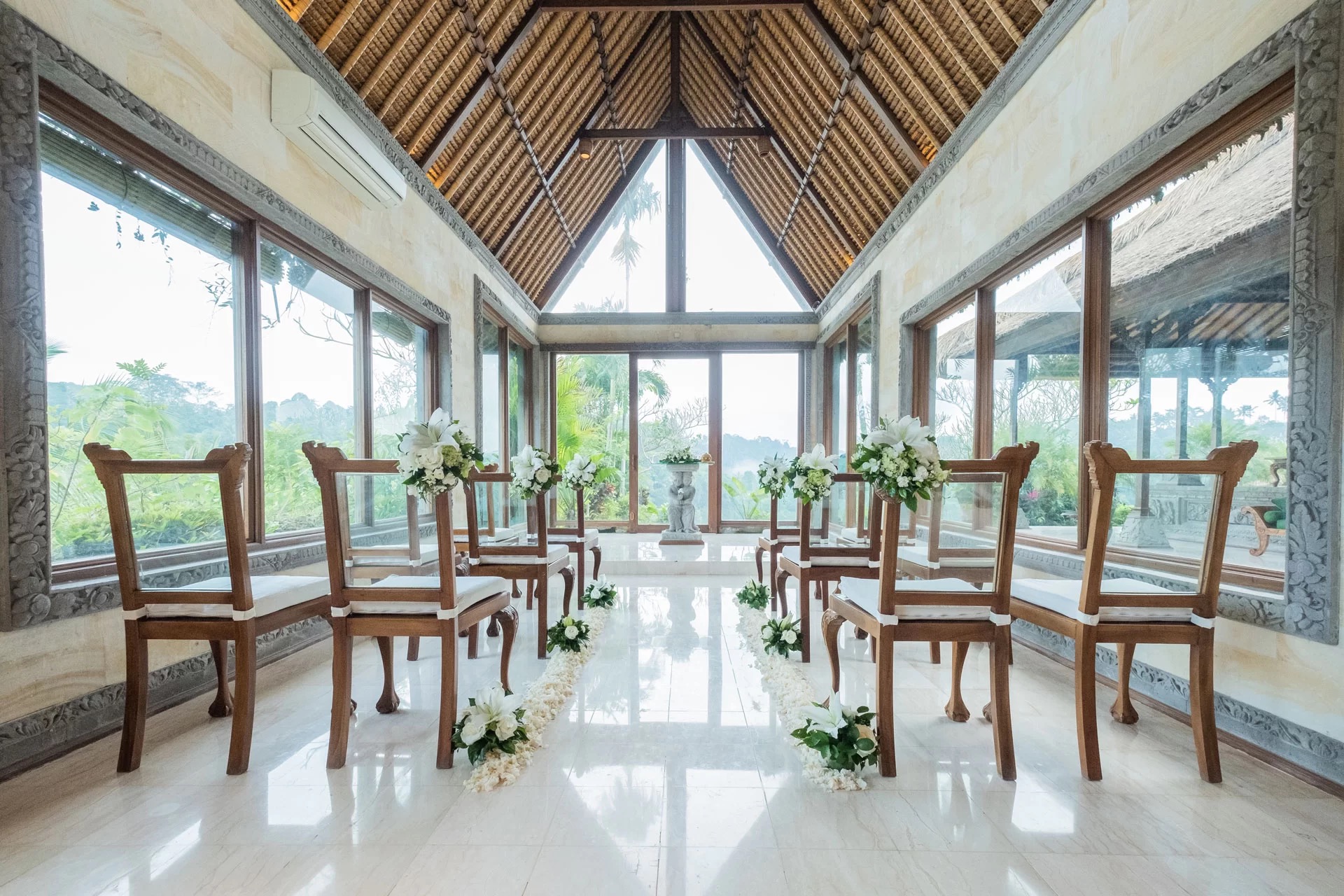 Indoor chapel with valley views and Balinese architecture at The Royal Pita Maha in Ubud