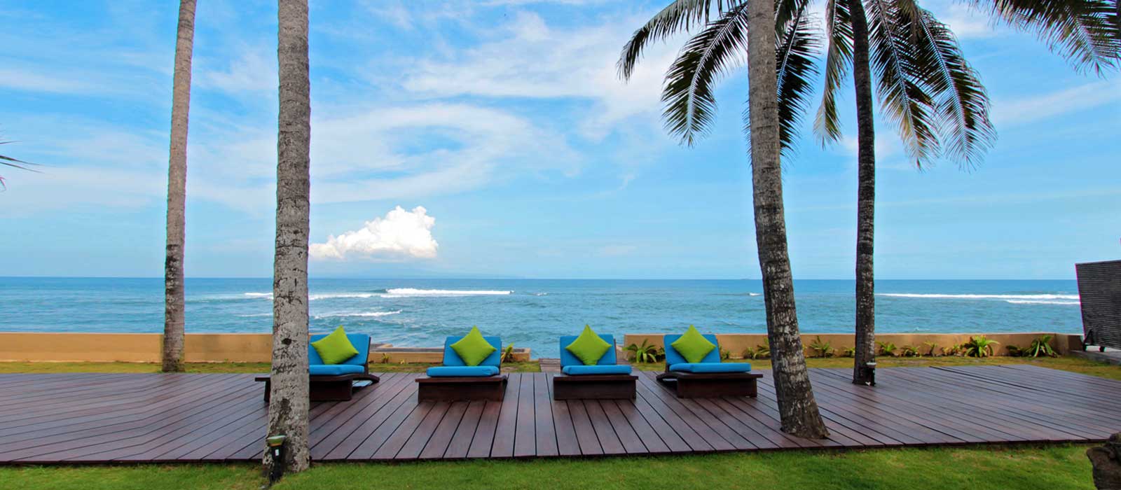 Villa Samudra's beachfront ocean deck facing the sea at Pabean Beach, Ketewel, on Bali's south-east coast