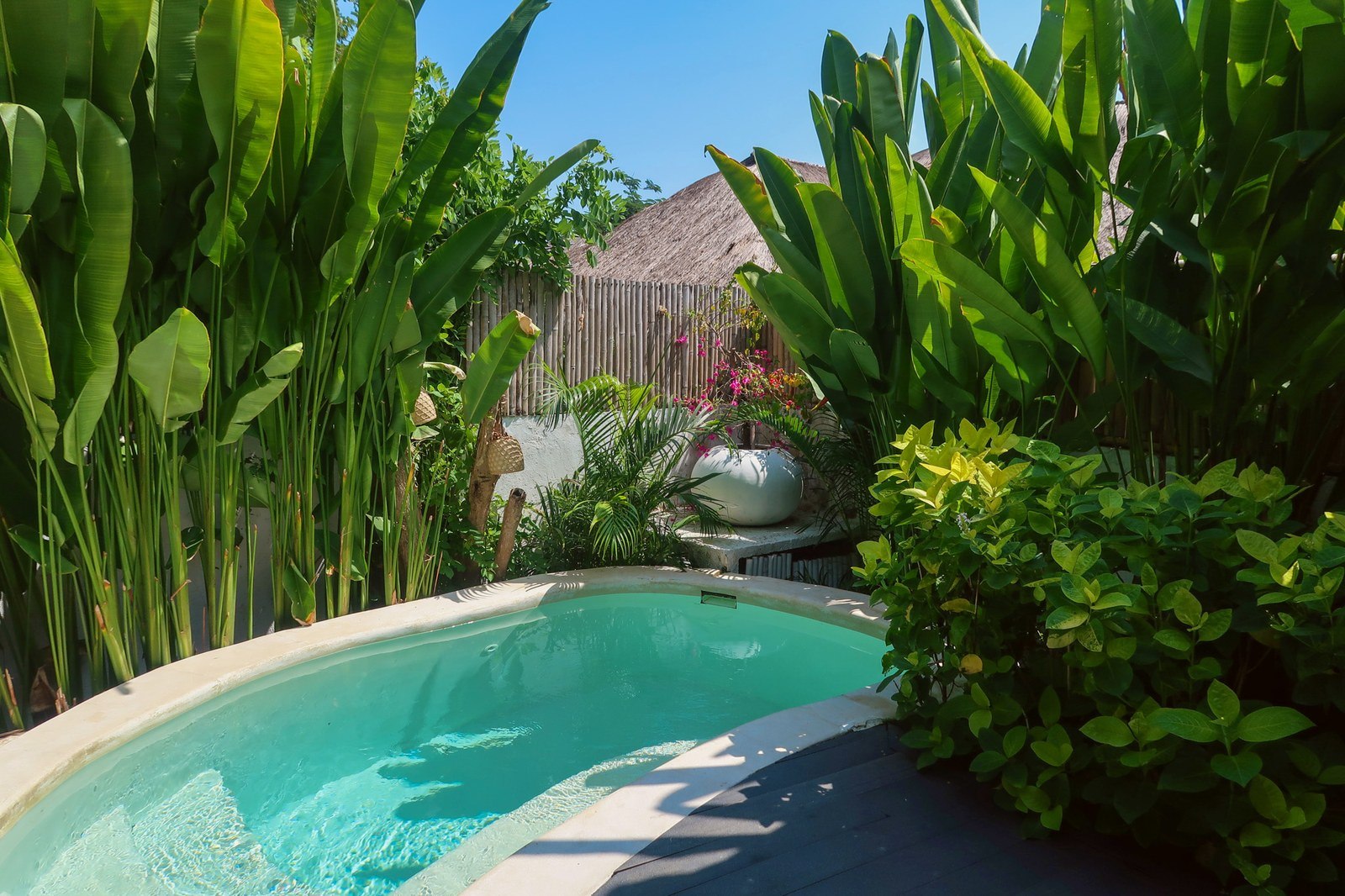 Pool and garden at The Shacks boutique hotel at Sandy Bay, Nusa Lembongan, Bali