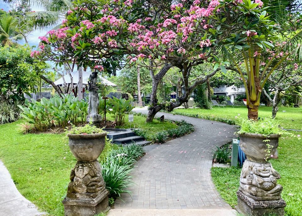 Garden path under a flowering frangipani tree at Segara Village Hotel