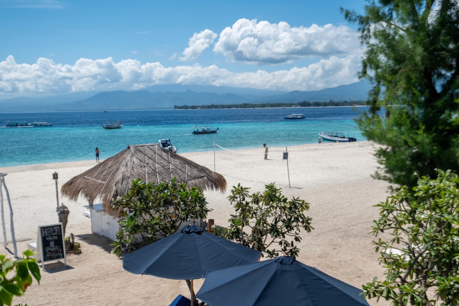 View from Seri Resort Gili Meno across the reef to Gili Air and the mountains of Lombok