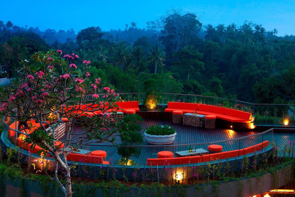 The rooftop bar and lounge at Sthala Ubud Bali with valley views