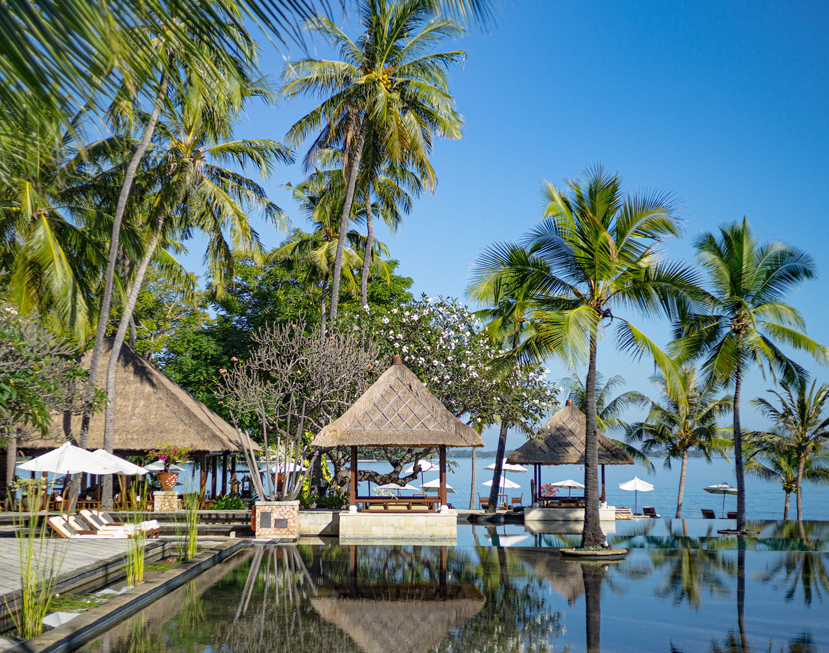 Pool pavilion and coconut palms facing the sea at The Oberoi Beach Resort Lombok