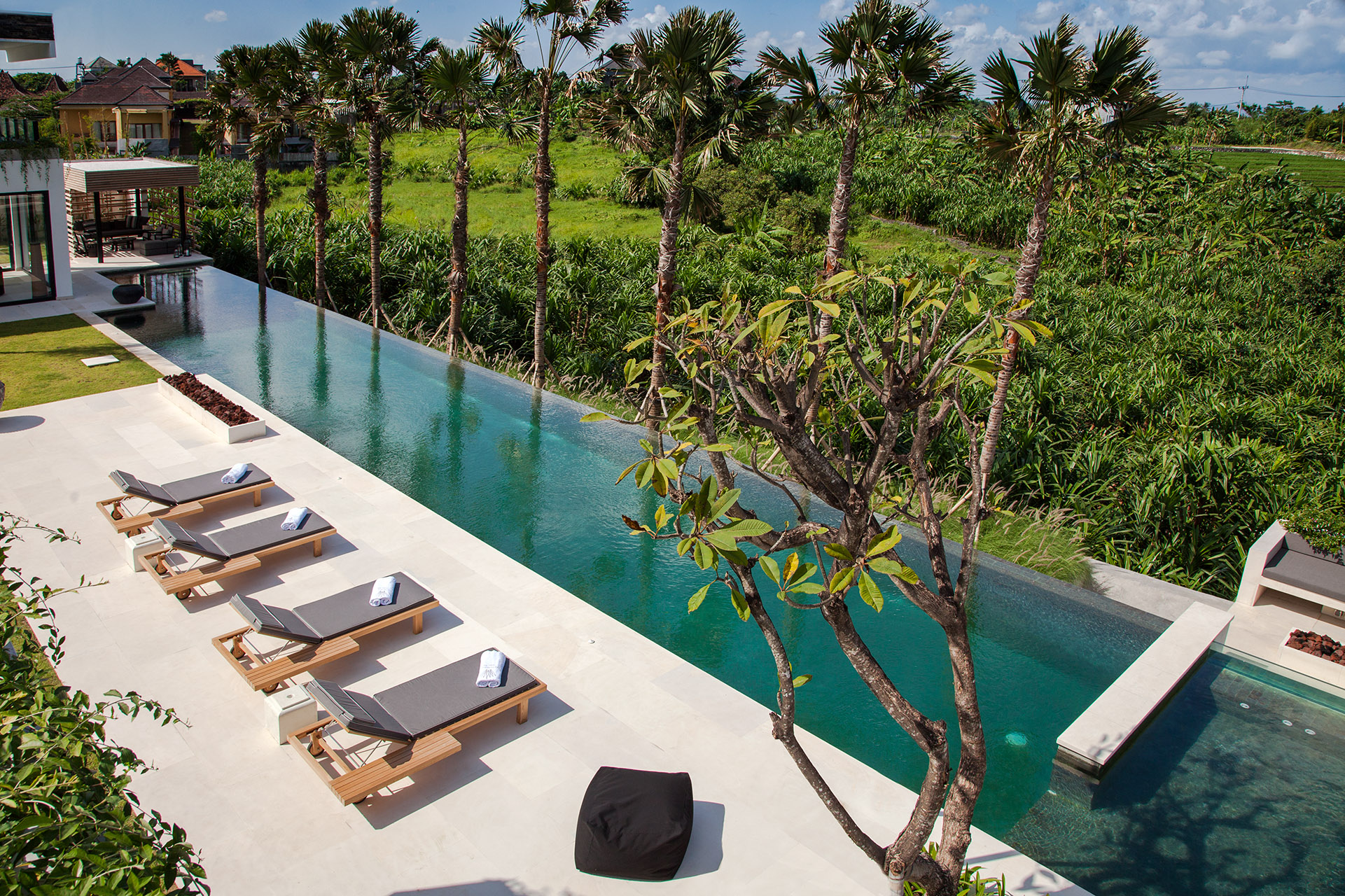 The lawn and 40-metre pool at The Palm House villa among the rice fields of Pererenan, Canggu