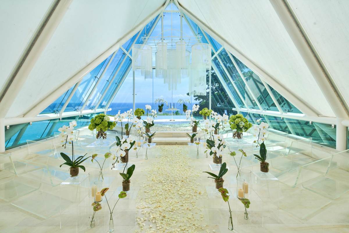 Wedding ceremony set up inside the Tirtha Uluwatu glass chapel