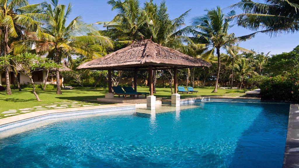 Swimming pool and thatched-roof gazebo at Villa Arika, framed by coconut palms
