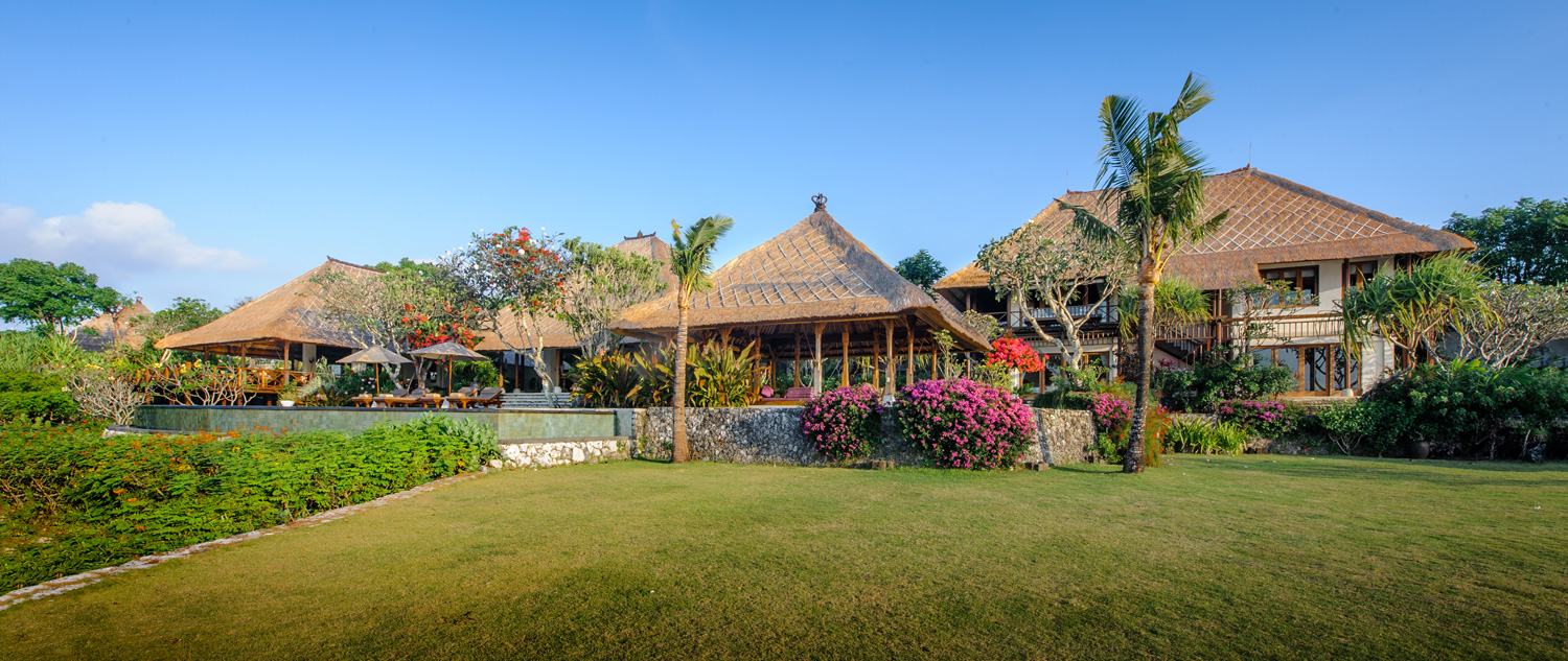 Villa Bayuh Sabbha's garden and joglo pavilions seen from the lawn