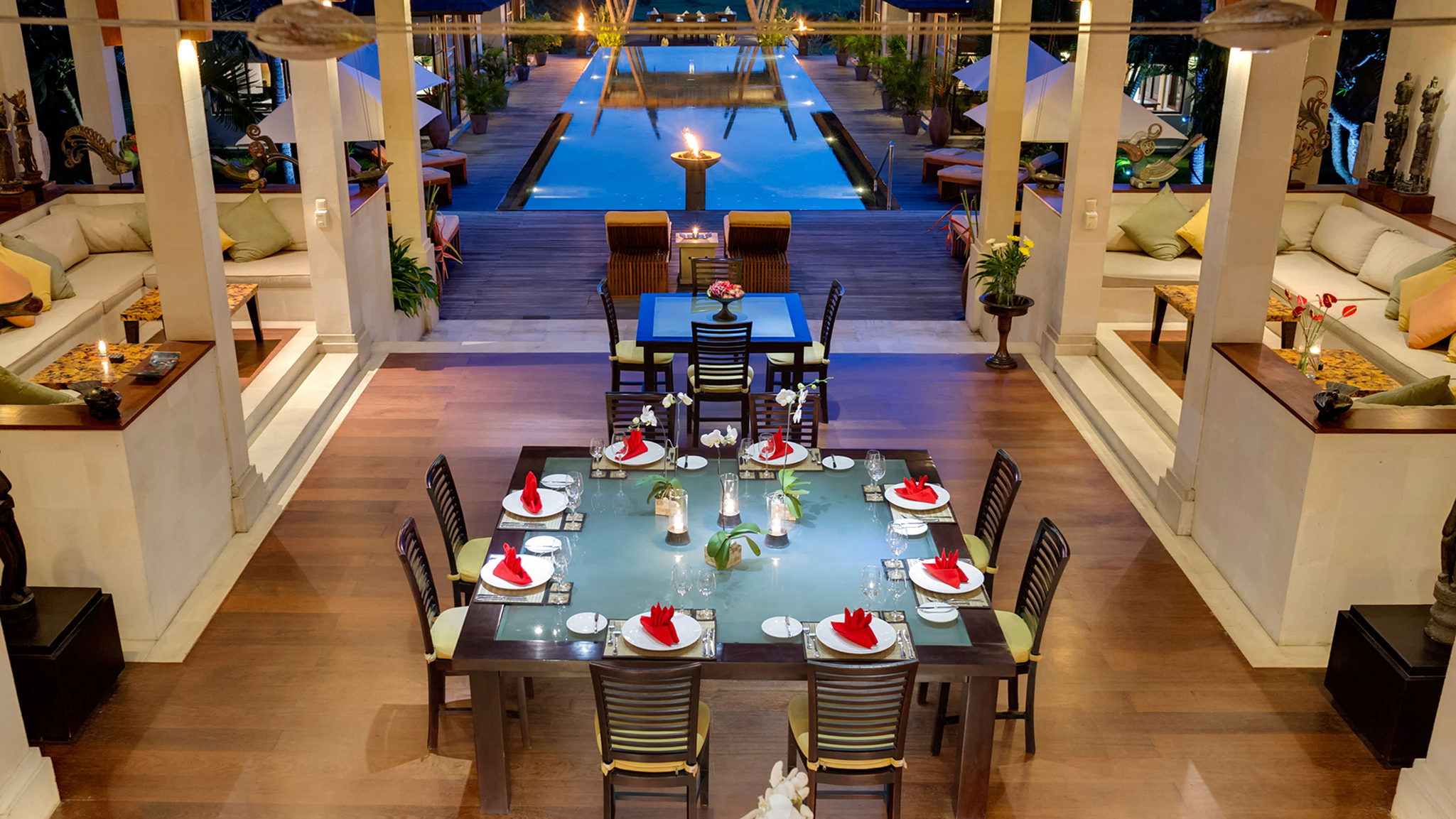 Dinner setting beside the pool at Villa Mandalay, Munggu, Seseh