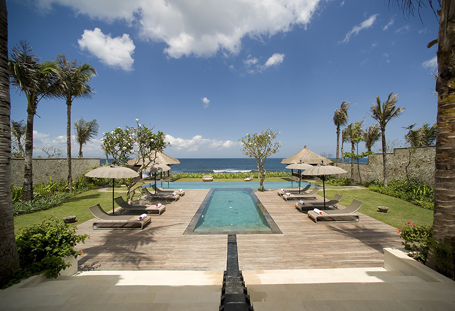 The pool area at Villa Melissa, Pantai Lima Estate